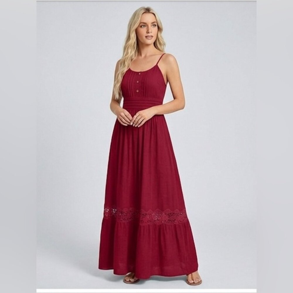 LAST ONE 🔥 Boho Shirred Ruffle Lace Hem Maxi Dress Burgundy